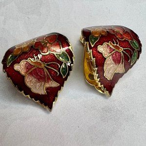 Vintage Red Gold Tone Butterfly Floral Cloissone Clip On Earrings